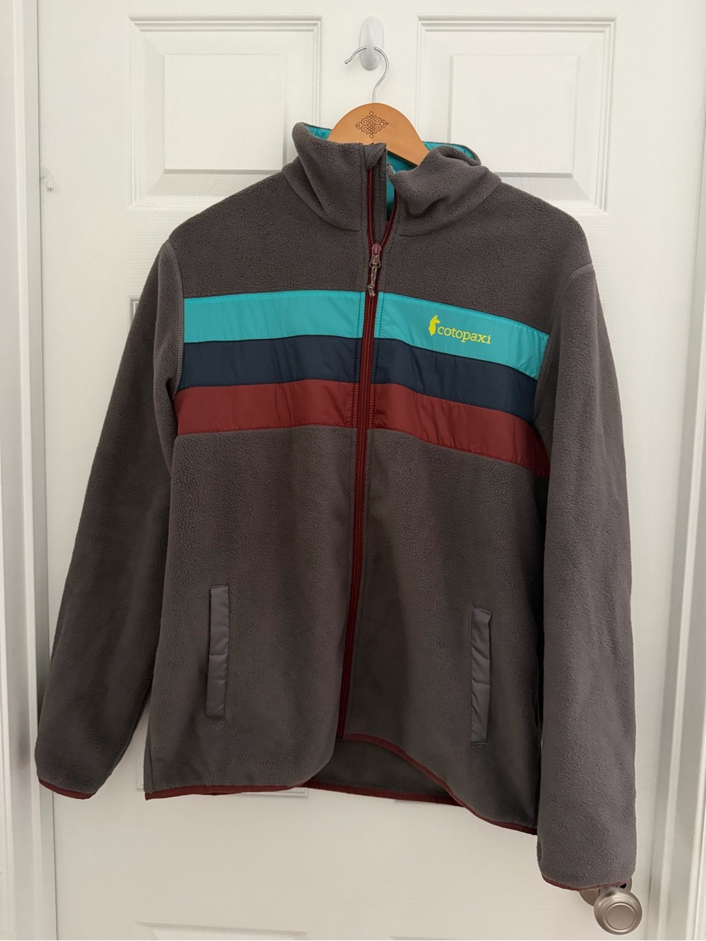 cotopaxi Gray Fleece Jacket with Teal, Navy & Burgundy Stripes